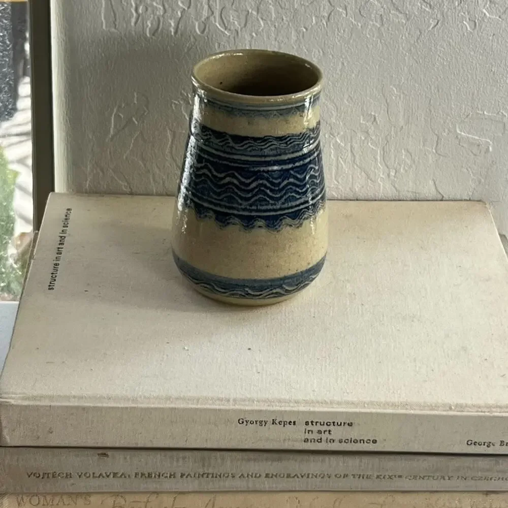 Studio Art Pottery Handmade Jar Vase Signed Ivory Blue Striped Zig Zag 5.5”